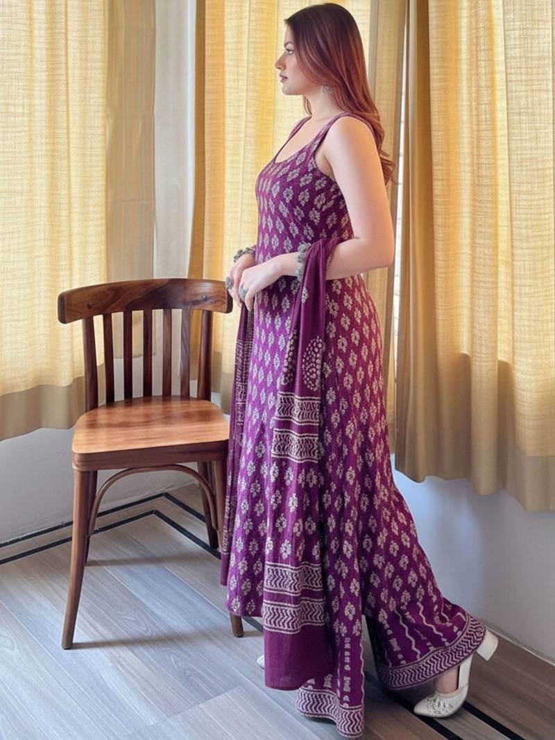 Women’s rayon silk printed purple kurta sharara set with chanderi dupatta