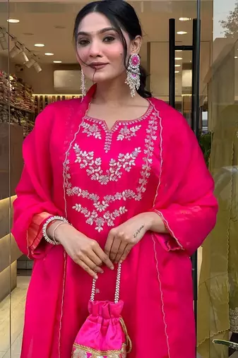  viscose silk embroidered pink kurta pant set with chanderi dupatta