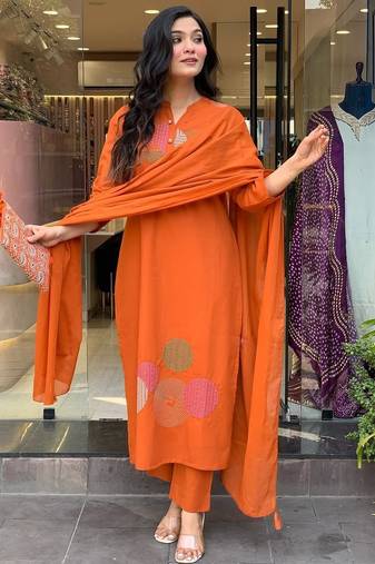Women’s rayon silk embroidered orange kurta pant set with chanderi dupatta