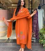 Women’s rayon silk embroidered orange kurta pant set with chanderi dupatta