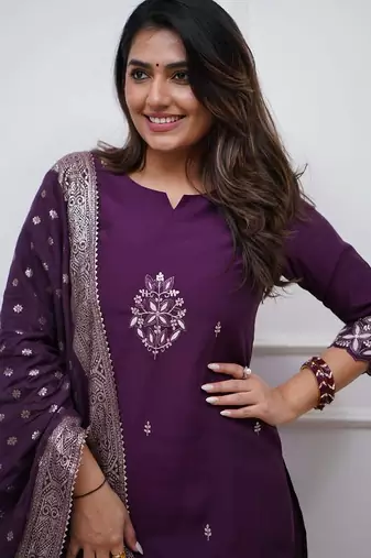 Women   s chanderi silk embroidered purple kurta pant set with jacquard dupatta