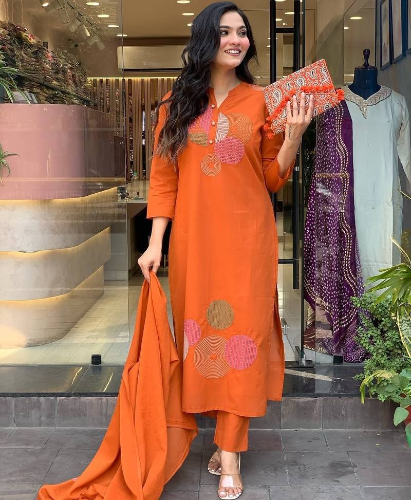 Women’s rayon silk embroidered orange kurta pant set with chanderi dupatta