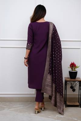 Women   s chanderi silk embroidered purple kurta pant set with jacquard dupatta 5