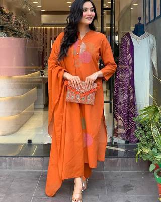 Women   s rayon silk embroidered orange kurta pant set with chanderi dupatta 4