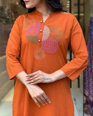 Women   s rayon silk embroidered orange kurta pant set with chanderi dupatta 5
