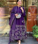 Women’s muslin silk floral embroidered purple kurta pant set with chanderi dupatta
