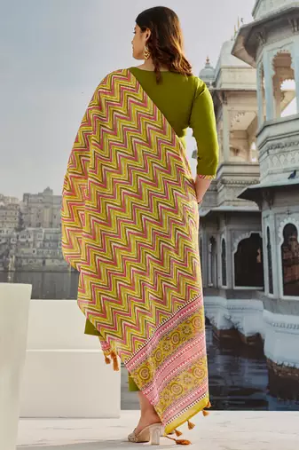  muslin silk floral embroidered mehendi kurta pant set with chanderi dupatta