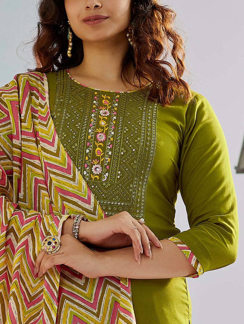 Women’s muslin silk floral embroidered mehendi kurta pant set with chanderi dupatta