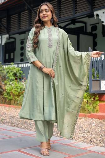 Women’s muslin silk floral embroidered pista kurta pant set with chanderi dupatta