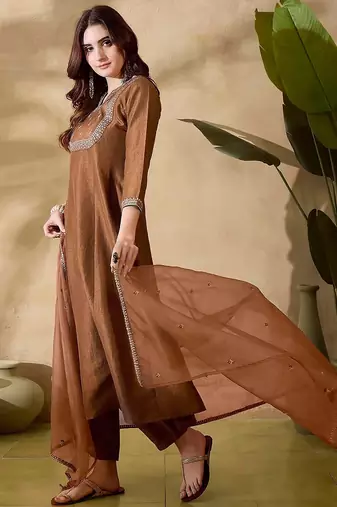  vichitra silk floral embroidered brown kurta pant set with organza dupatta