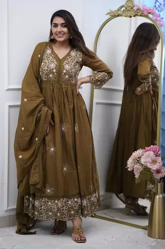  cotton silk floral embroidered mehendi kurta pant set with chanderi dupatta