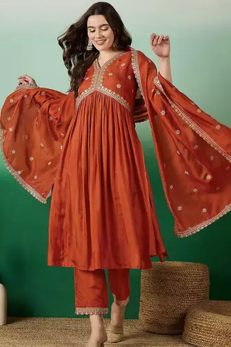 Women’s muslin silk floral embroidered orange kurta pant set with muslin dupatta