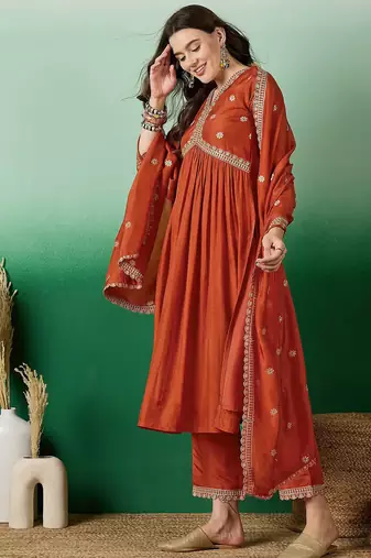  muslin silk floral embroidered orange kurta pant set with muslin dupatta