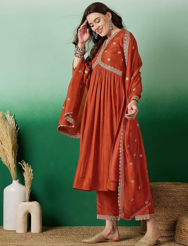Women’s muslin silk floral embroidered orange kurta pant set with muslin dupatta