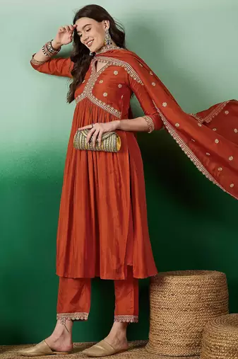  muslin silk floral embroidered orange kurta pant set with muslin dupatta