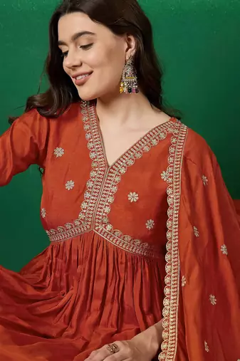  muslin silk floral embroidered orange kurta pant set with muslin dupatta