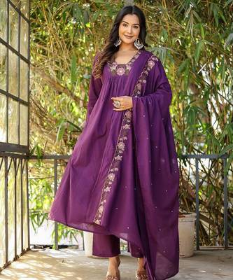  rayon silk floral embroidered purple kurta pant set with chanderi dupatta 1