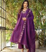 Women’s rayon silk floral embroidered purple kurta pant set with chanderi dupatta