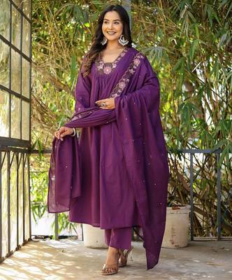  rayon silk floral embroidered purple kurta pant set with chanderi dupatta 2
