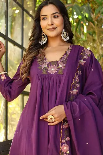  rayon silk floral embroidered purple kurta pant set with chanderi dupatta