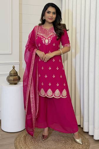 Women’s georgette silk floral embroidered pink kurta pant set with net dupatta