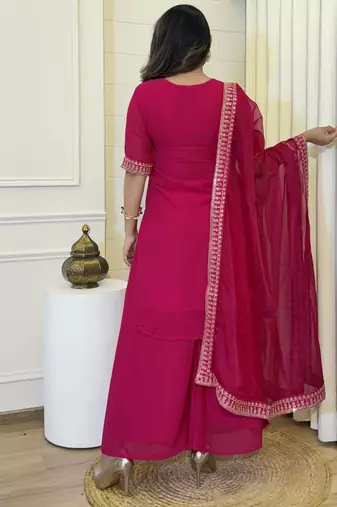  georgette silk floral embroidered pink kurta pant set with net dupatta
