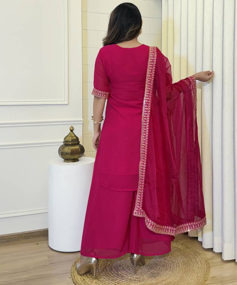 Women’s georgette silk floral embroidered pink kurta pant set with net dupatta