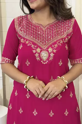  georgette silk floral embroidered pink kurta pant set with net dupatta
