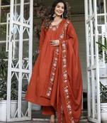 Women’s rayon silk floral embroidered orange kurta pant set with chanderi dupatta