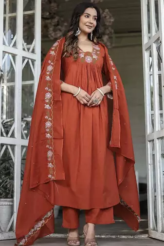  rayon silk floral embroidered orange kurta pant set with chanderi dupatta
