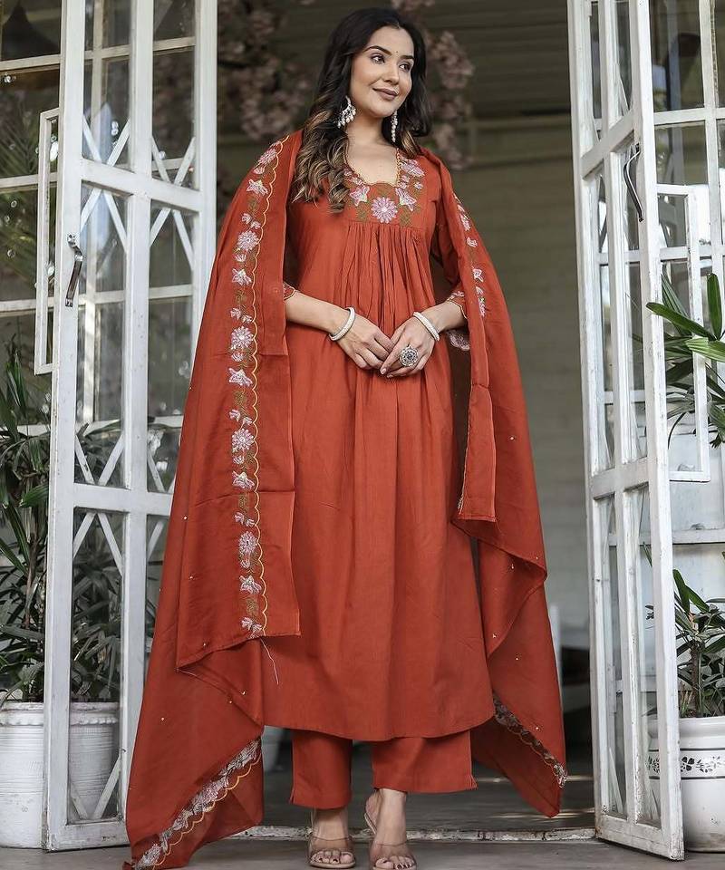 Women’s rayon silk floral embroidered orange kurta pant set with chanderi dupatta