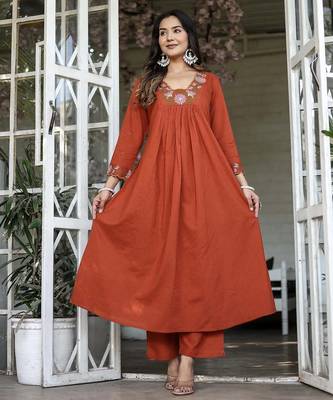  rayon silk floral embroidered orange kurta pant set with chanderi dupatta 3