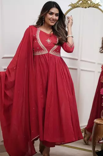  muslin silk embroidered red kurta pant set with chanderi dupatta