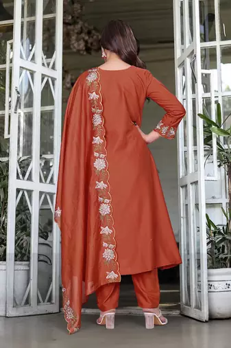  rayon silk floral embroidered orange kurta pant set with chanderi dupatta