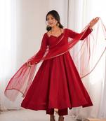 Women   s party wear maroon anarkali dress with embroidered lace neck