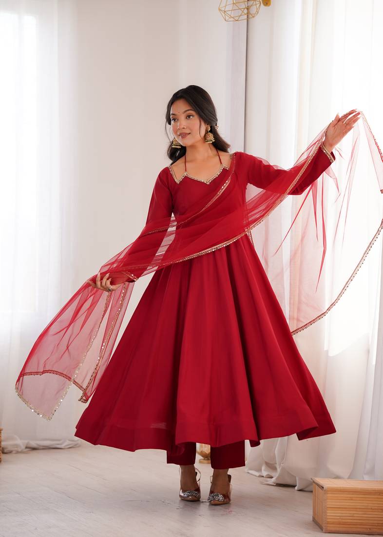 Women’s party wear maroon anarkali dress with embroidered lace neck