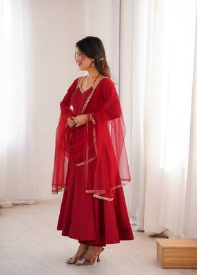 Women   s party wear maroon anarkali dress with embroidered lace neck 2