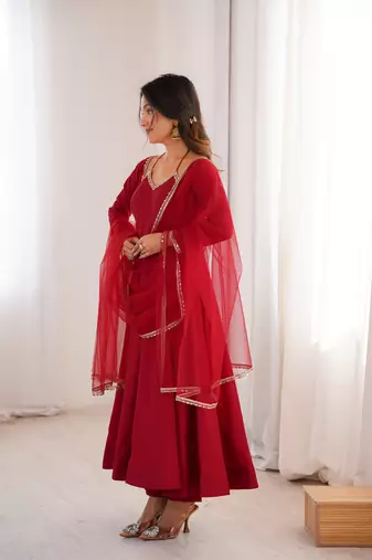 Women   s party wear maroon anarkali dress with embroidered lace neck