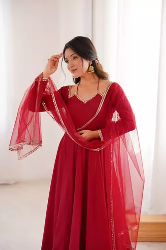 Women   s party wear maroon anarkali dress with embroidered lace neck