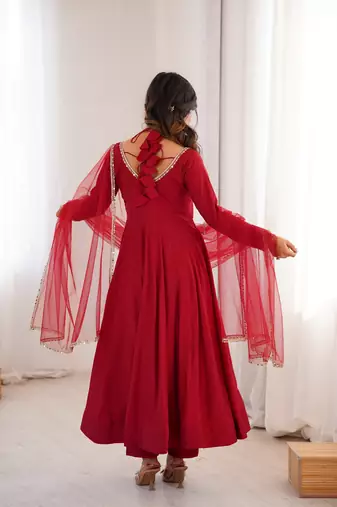 Women   s party wear maroon anarkali dress with embroidered lace neck