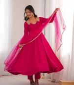 Women   s party wear dark pink anarkali dress with embroidered lace neck