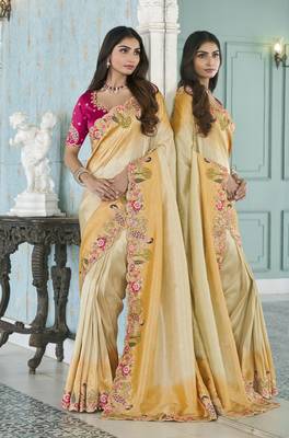 yellow embroidered jacquard silk blend wedding saree with blouse fabric 1