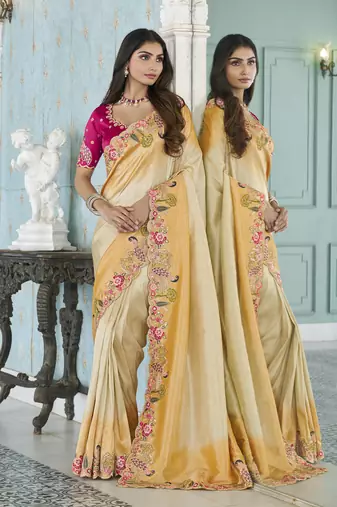 yellow embroidered jacquard silk blend wedding saree with blouse fabric
