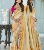 yellow embroidered jacquard silk blend wedding saree with blouse fabric