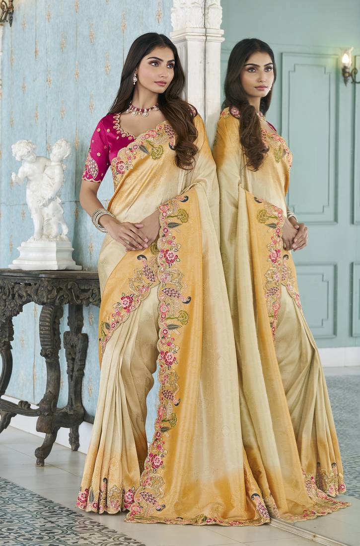 yellow embroidered jacquard silk blend wedding saree with blouse fabric