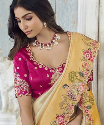 yellow embroidered jacquard silk blend wedding saree with blouse fabric 2