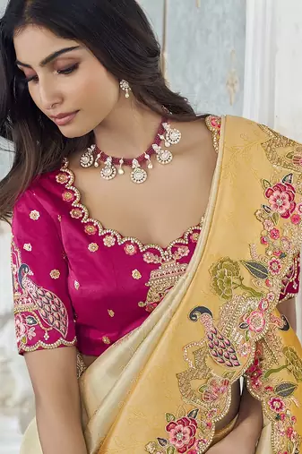 yellow embroidered jacquard silk blend wedding saree with blouse fabric
