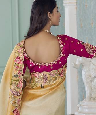 yellow embroidered jacquard silk blend wedding saree with blouse fabric 3