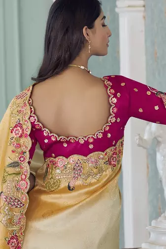 yellow embroidered jacquard silk blend wedding saree with blouse fabric