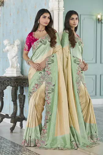 sea green embroidered jacquard silk blend wedding saree with blouse fabric